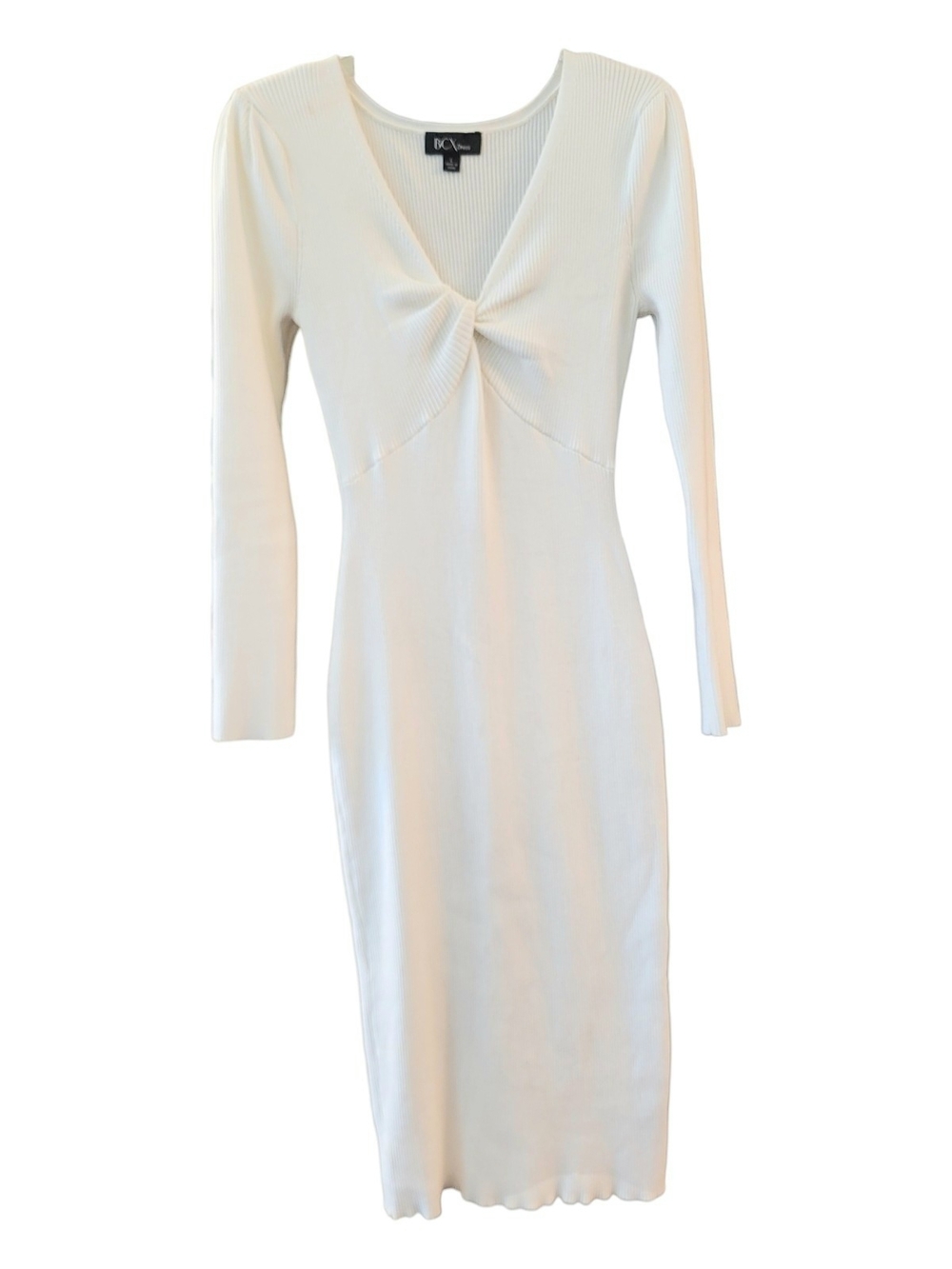 BCX Cream Ribbed Twist-Front Long Sleeve Midi Dress - Size L